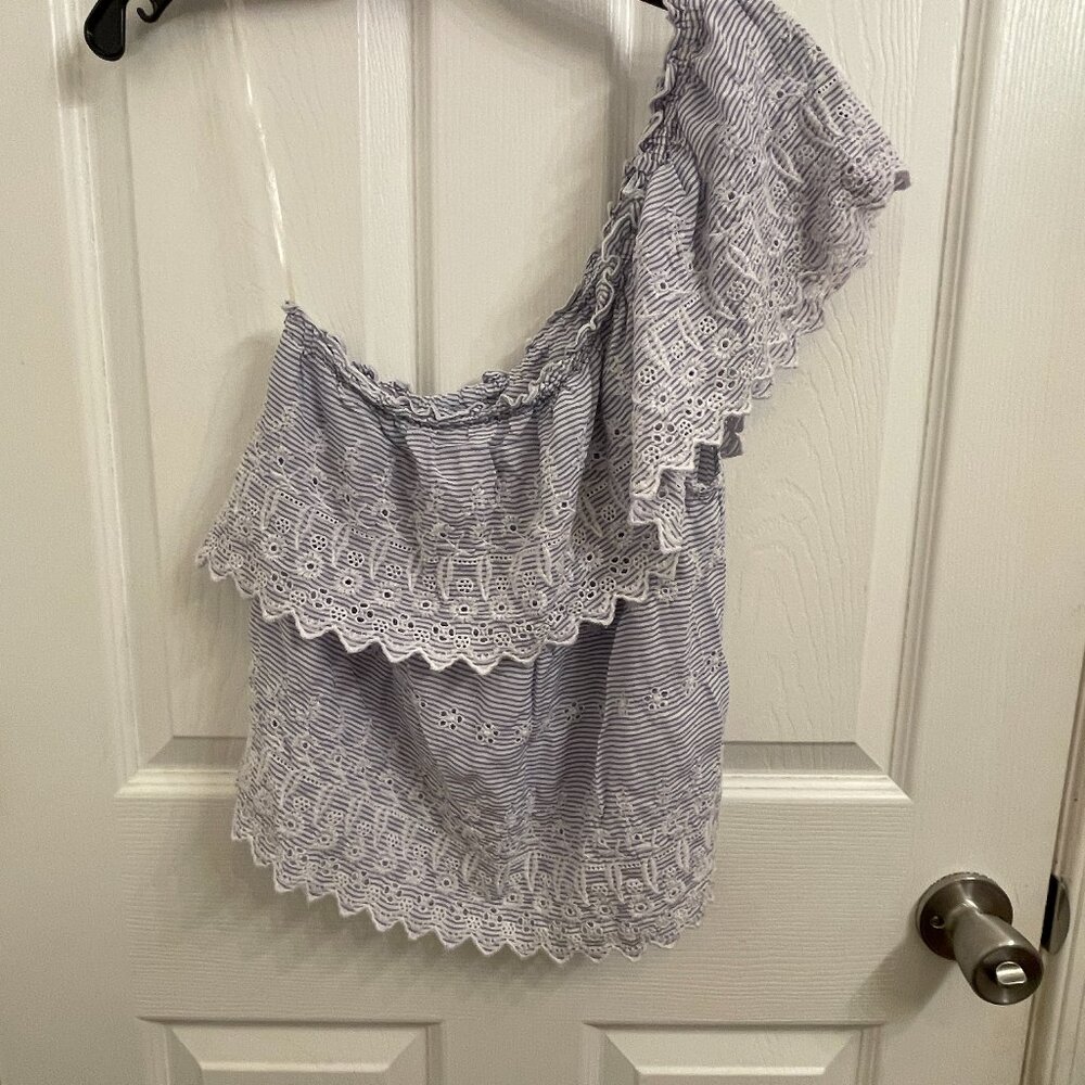 American Eagle Outfitters One Shoulder Ruffle Blue & White Eyelet Top Size Small